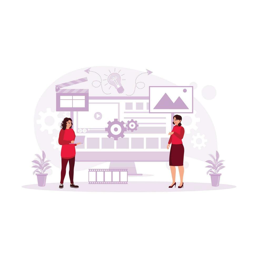 Two video editors discussing in front of the computer. Processing film montages at a digital multimedia company. Video Editor concept. trend modern vector flat illustration
