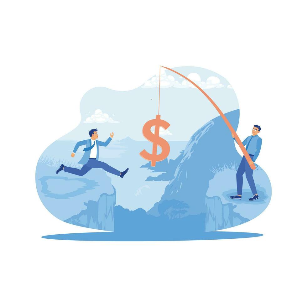 A businessman jumps from one cliff to another. Dollar sign lures that other business people reel in with fishing hooks. Finance control scenes concept. trend modern vector flat illustration