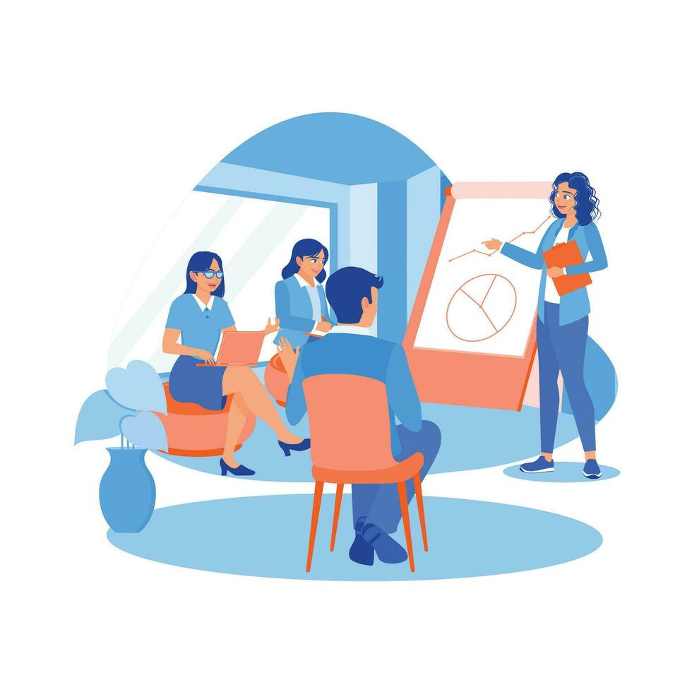 Female manager giving a presentation about the company's business strategy. Female managers and business partners exchange thoughts and share ideas. Briefings concept. vector