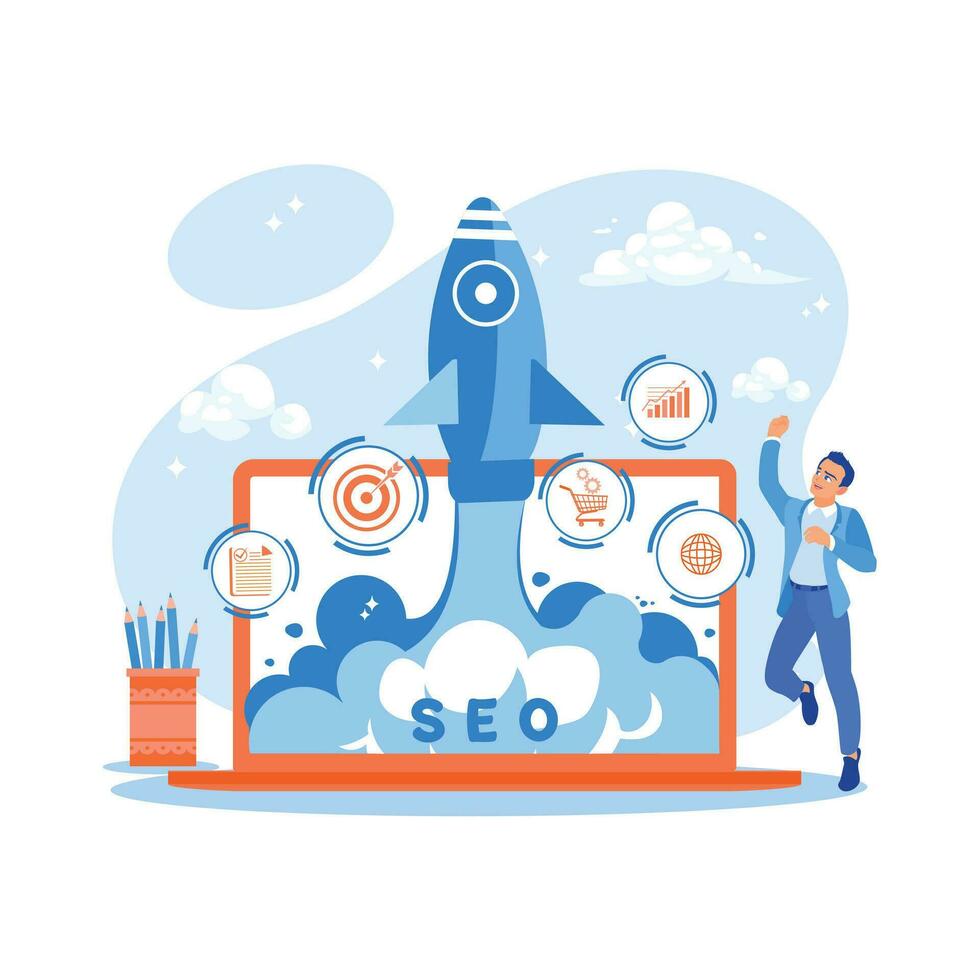 contento joven empresario saltando porque de creciente negocio marketing. un cohete icono aparece en el ordenador portátil pantalla. seo concepto. tendencia moderno vector plano ilustración