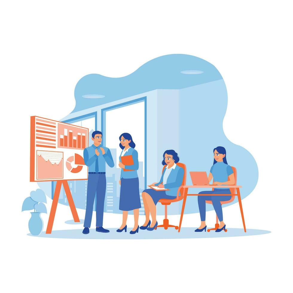 Diverse and smiling colleagues gather in the meeting room. Exchange ideas and discuss office financial statistics. Briefings concept. trend modern vector flat illustration