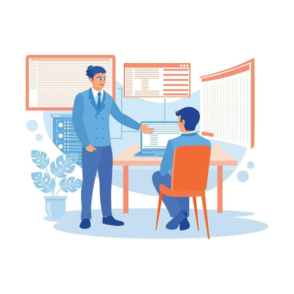 Young AI programmer and IT developer team discussing programming on ...