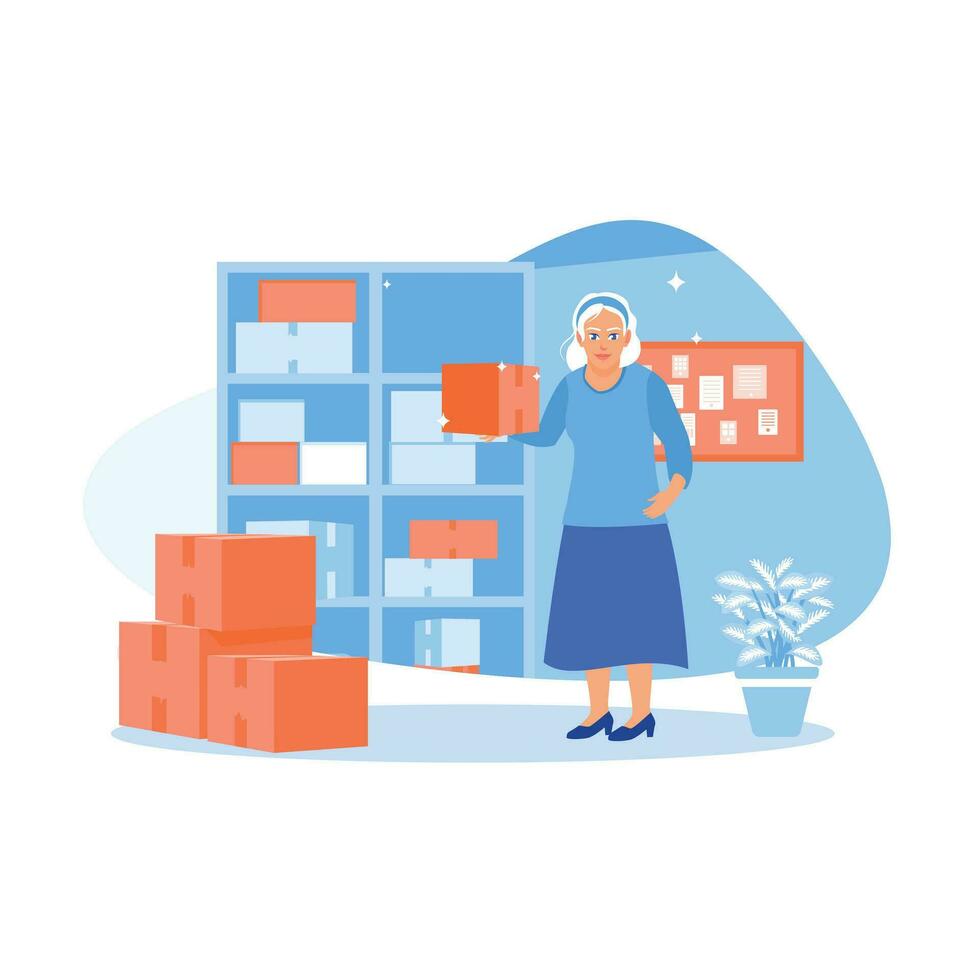 asiático más viejo mujer pequeño negocio propietario participación producto cajas en un depósito. cheque pedidos y confirmar cliente direcciones. orden confirmación concepto. tendencia moderno vector plano ilustración