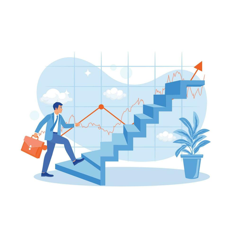 A male businessman walks up the stairs carrying an office bag. Career Development Concept. trend modern vector flat illustration