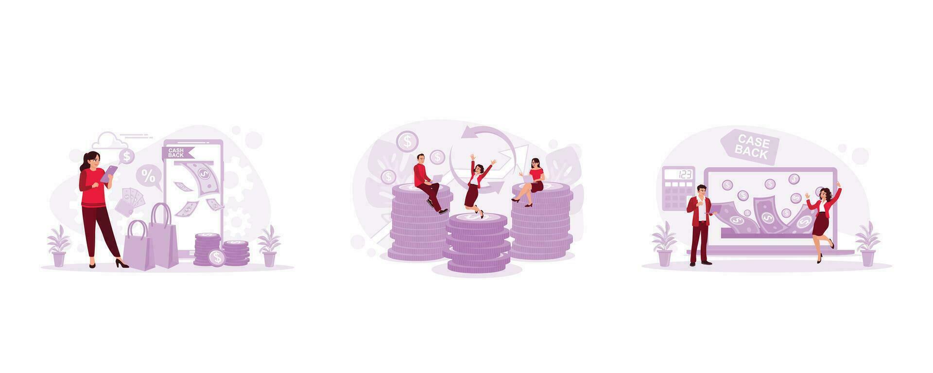 Women shopping get cashback. We are examining the circulation of money and money back. We got a refund for the laptop screen. Cashback concept. set trend modern vector flat illustration