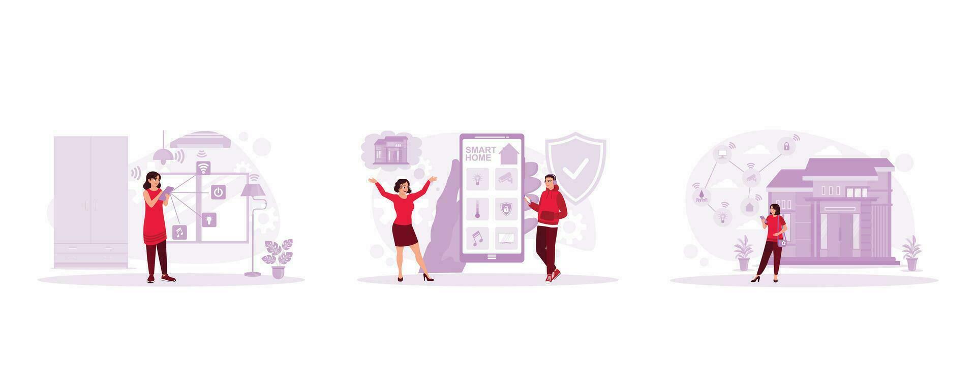 Smart Home concept. Control electronic devices using a smartphone. Smartphone as the home mobile monitor. Set Trend Modern vector flat illustration