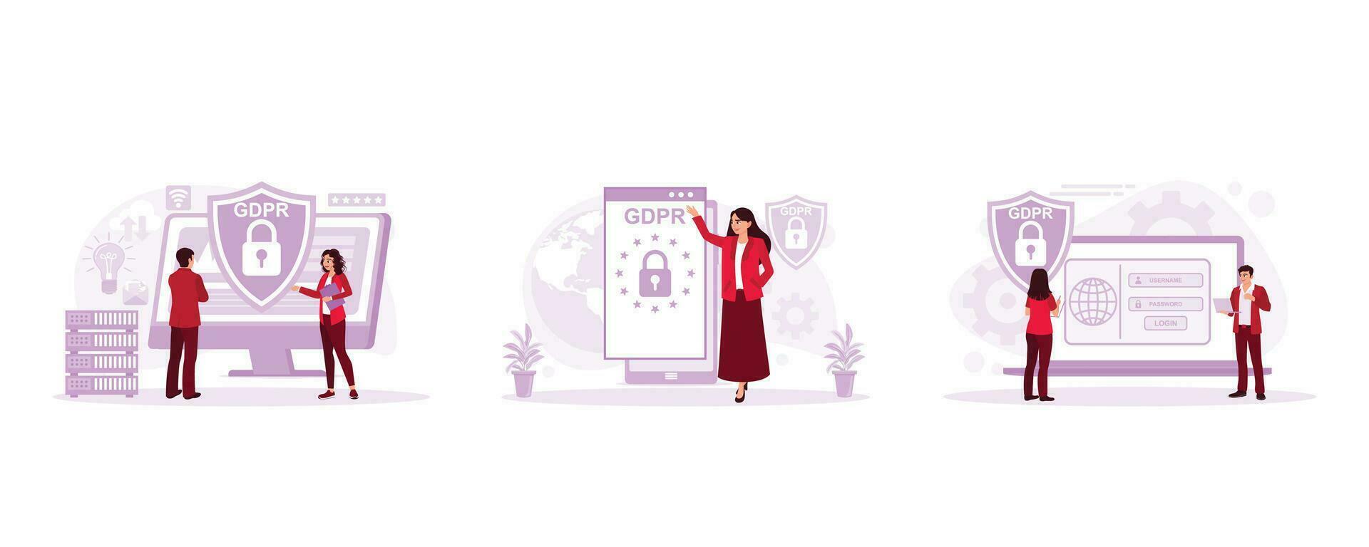 Business people protect their data. General Data Protection Regulation, GDPR. Protect personal data. General Privacy concept. Set Trend Modern vector flat illustration