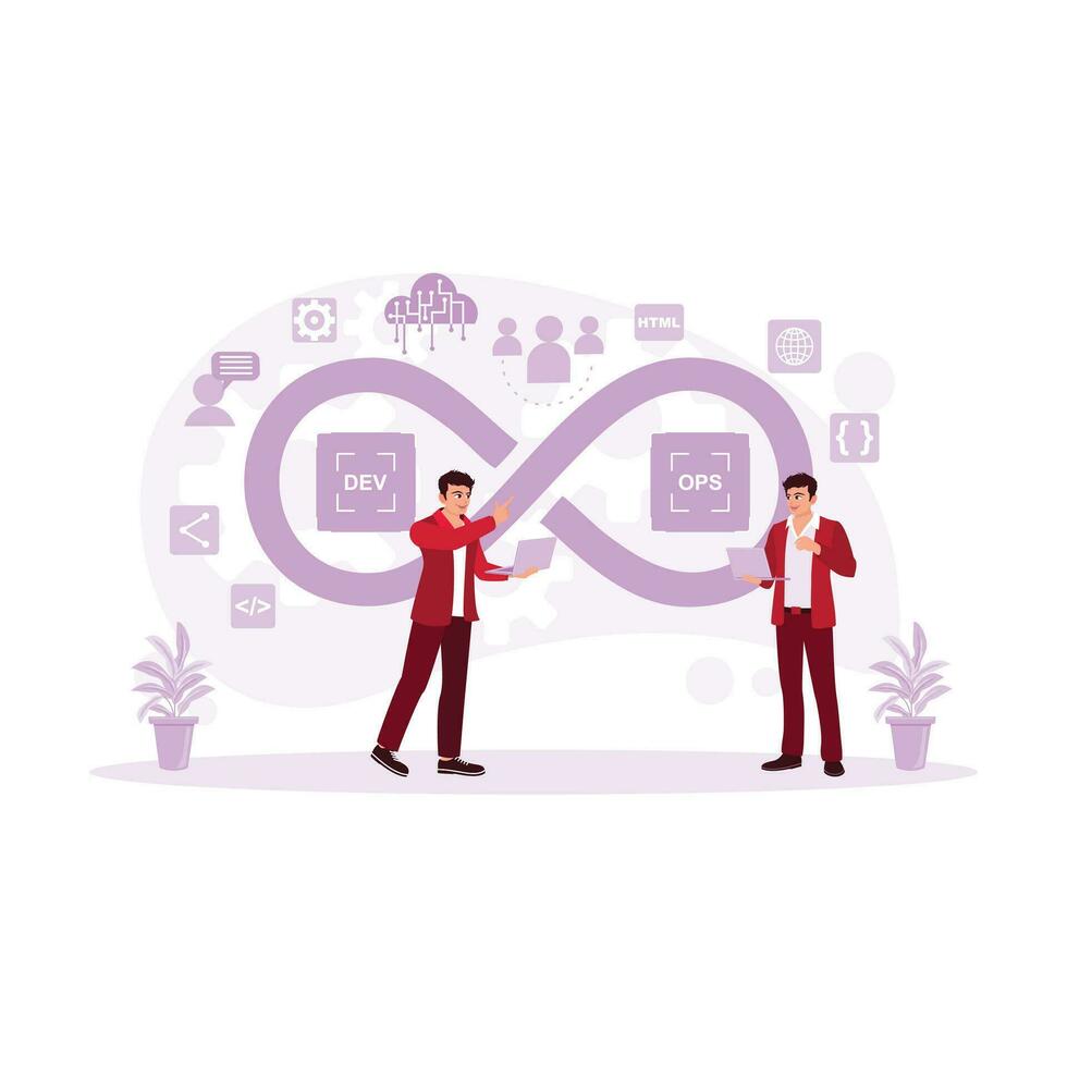 dos devops software desarrolladores y eso operaciones ingenieros trabajo en un ágil metodología ambiente utilizando un ordenador portátil. devops desarrolladores concepto. tendencia moderno vector plano ilustración