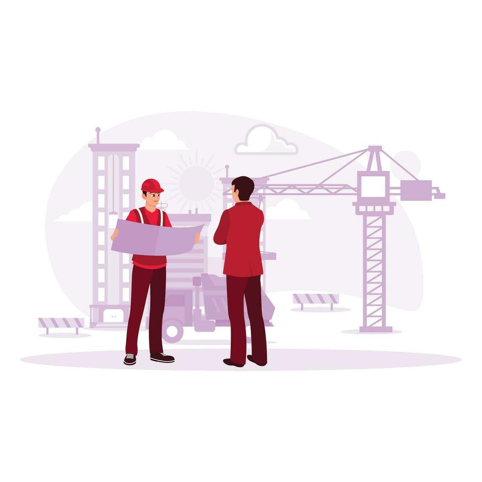 The contractor and architect are looking at plans and discussing work on a new project. Building in the process of interior construction. Architect concept. Trend Modern vector flat illustration