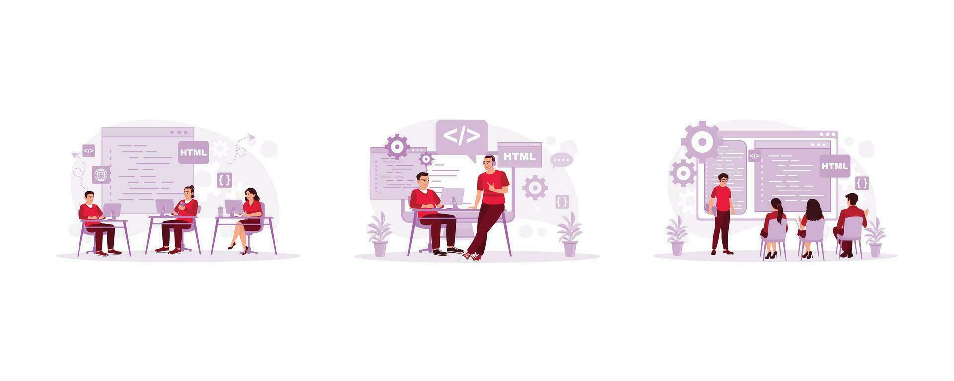 A group of young programmers. Software engineers develop software applications. The IT expert explains to a coworker. Programmers concept. Set Trend Modern vector flat illustration