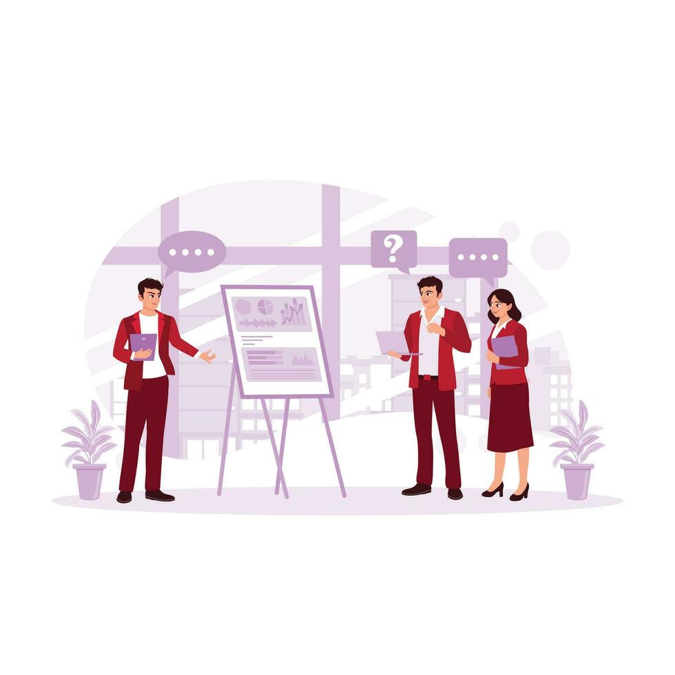 Businessman giving educational workshop presentation in office. Ask each other questions and answers during the presentation. Presentation concept. trend modern vector flat illustration