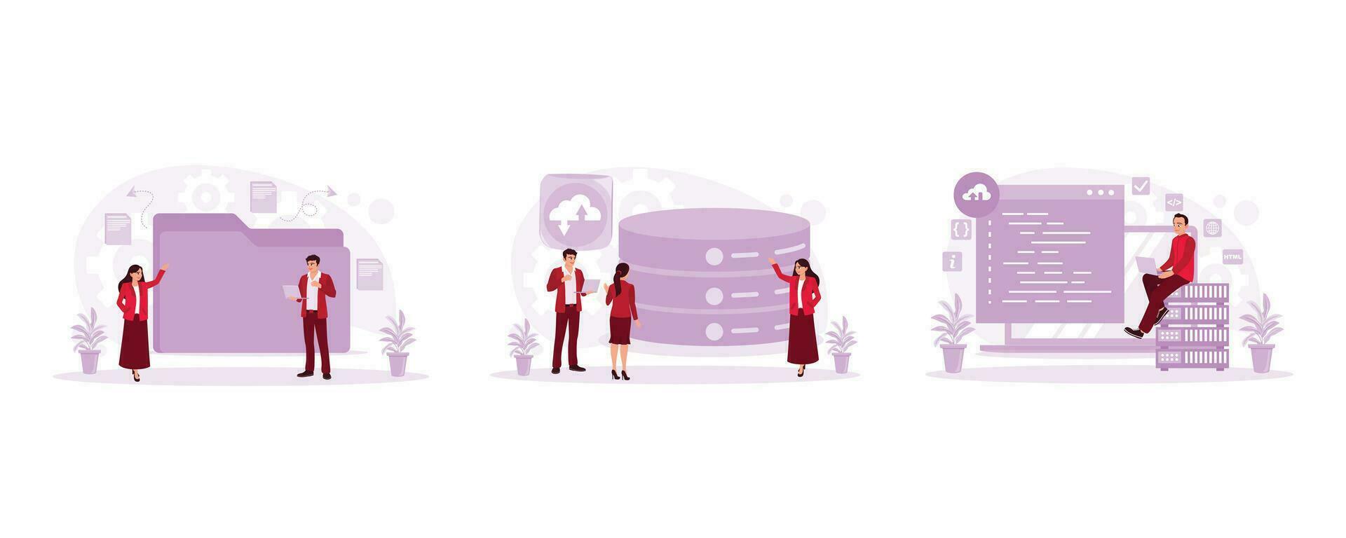 Database concept. Search, manage and save data files. Male and female programmers talk about work. Write software code. Set Trend Modern vector flat illustration