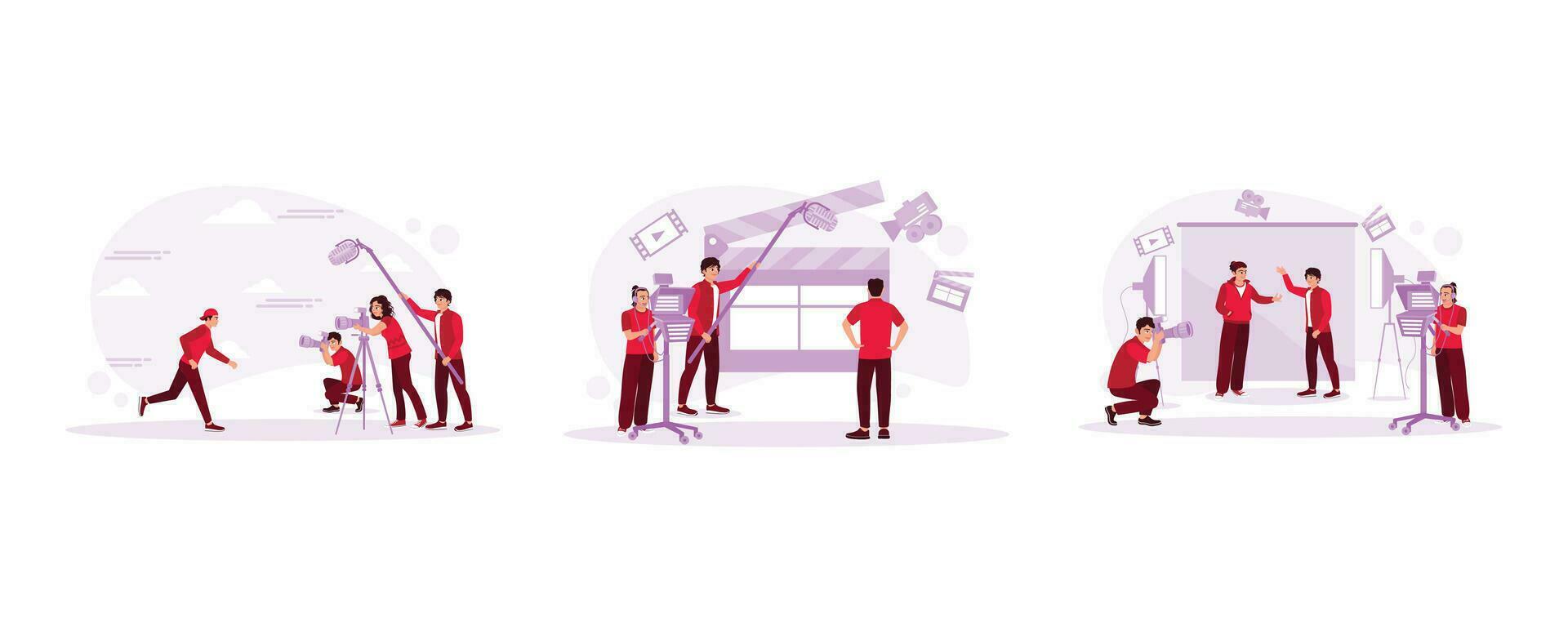Shoot movie scenes in outdoor locations. Professional camera equipment in the studio. Virtual production with a large LED screen. Film Production Concept. set trend modern vector flat illustration