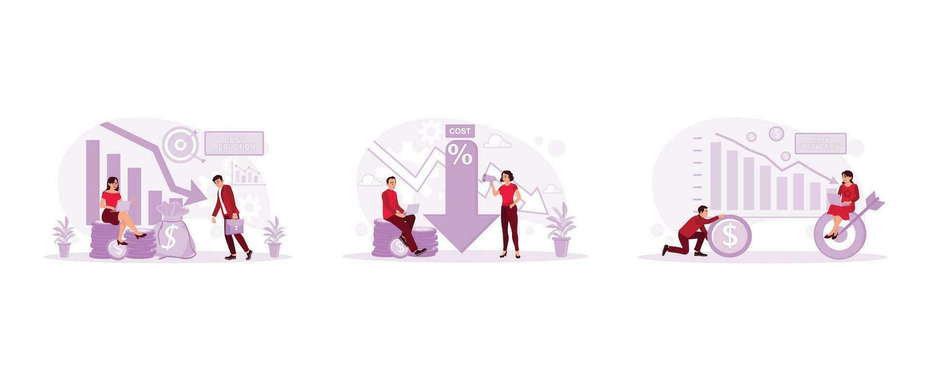 Accountants reduce office operational costs. Two entrepreneurs are making a business strategy. Businessman holding dollar coins. Cost Reduction concept.  set trend modern vector flat illustration