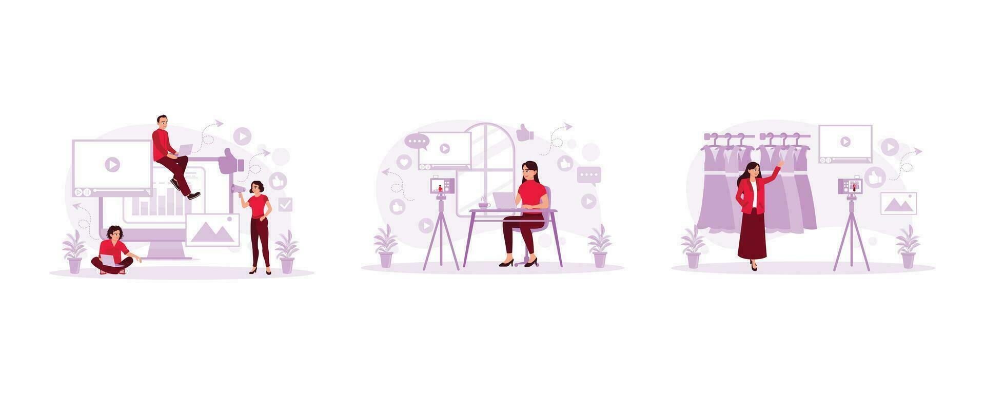 Create content with friends. Cafe owner vlogger. Modern entrepreneurs sell online. Content Marketing concept. Set Trend Modern vector flat illustration