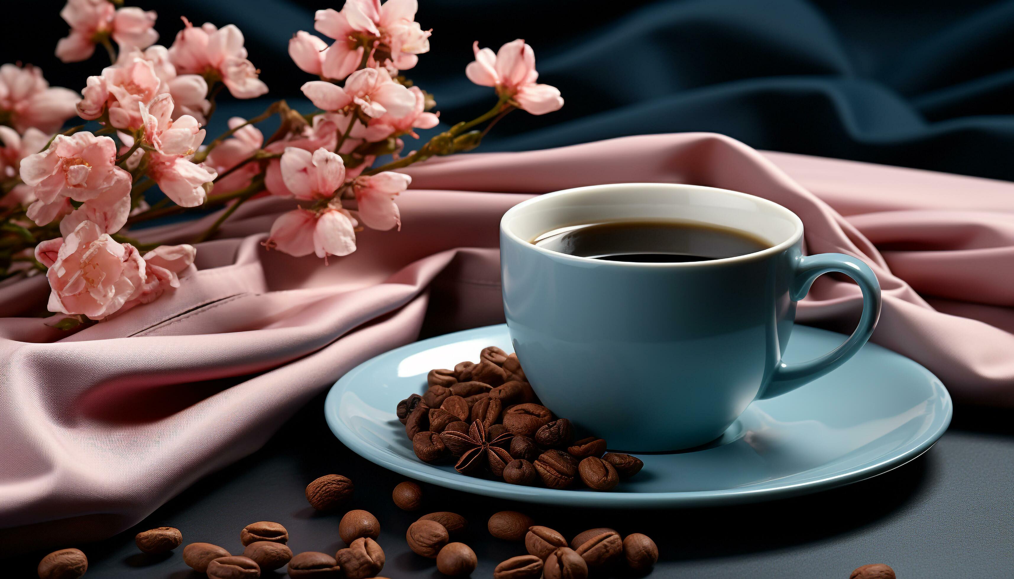 Taza de té aromático fresco en la mesa con fondo de flores de la naturaleza