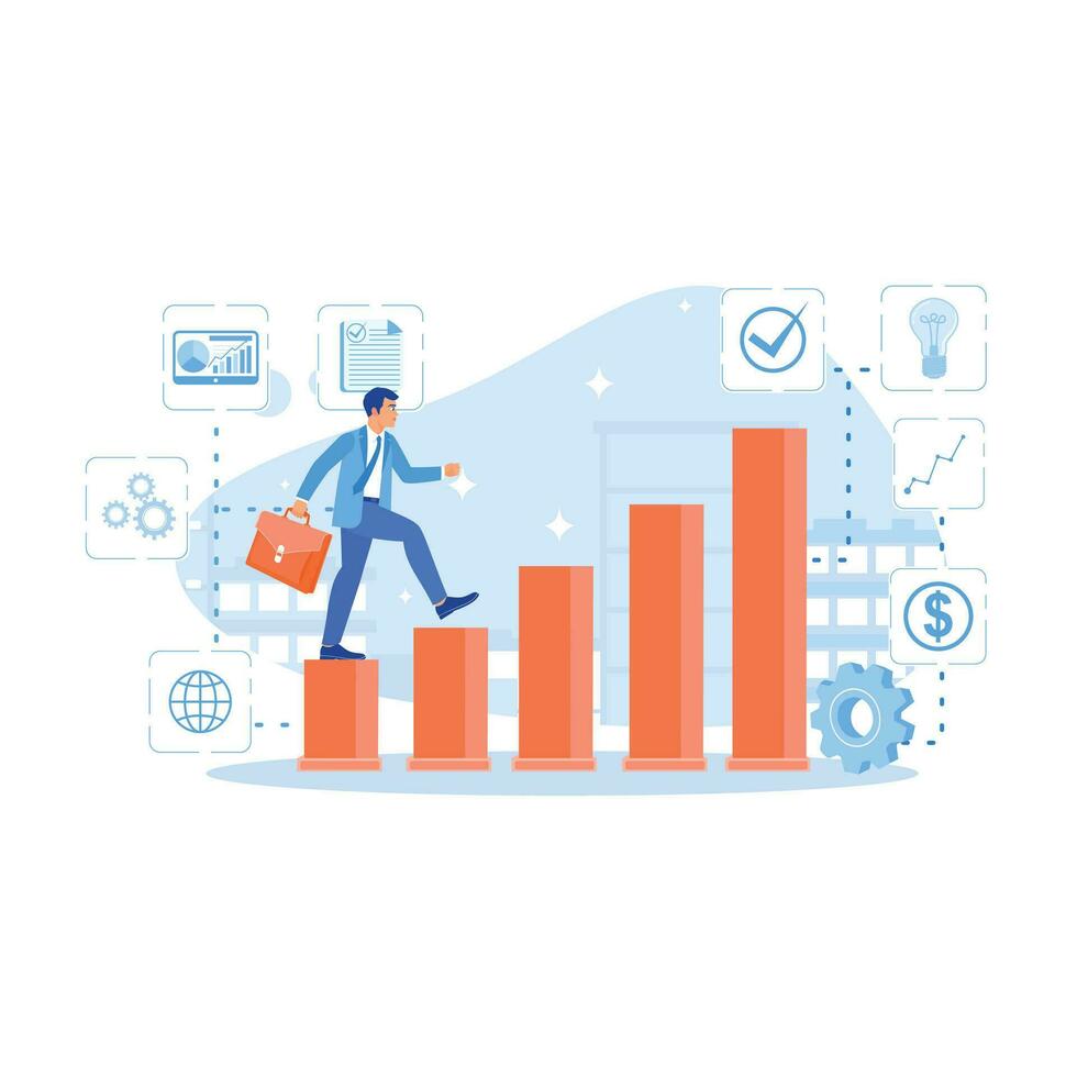 A businessman walks up the stairs carrying a briefcase on a background of business icons. Career Development Concept. trend modern vector flat illustration
