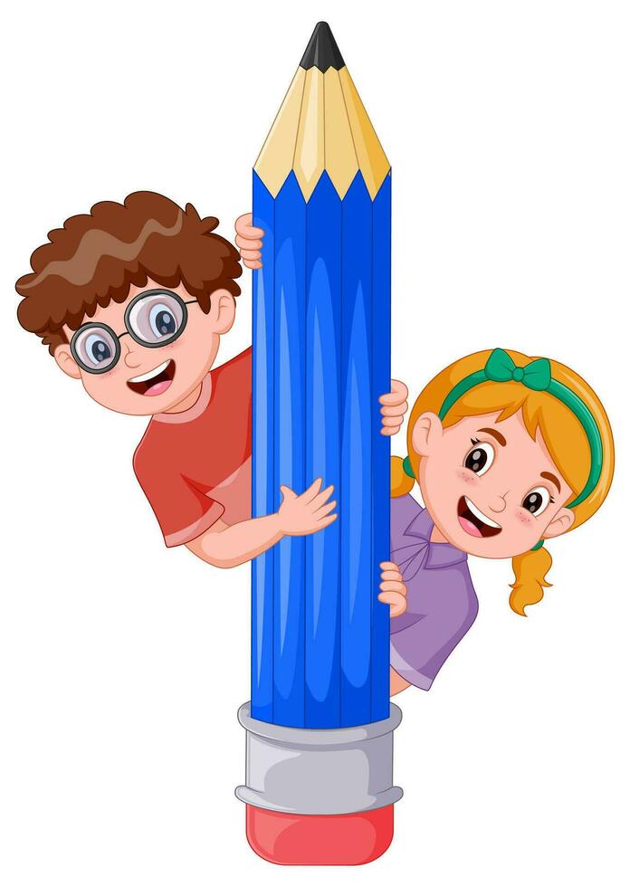 Cartoon childrens cartoon holding a big pencil. vector illustration