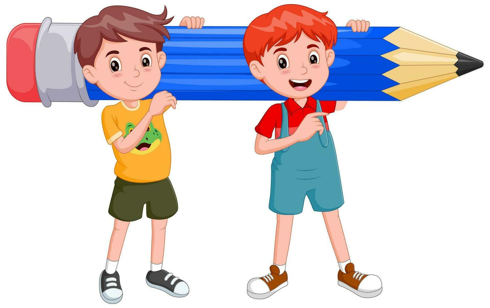 Two boys cartoon holding a big pencil. Vector illustration