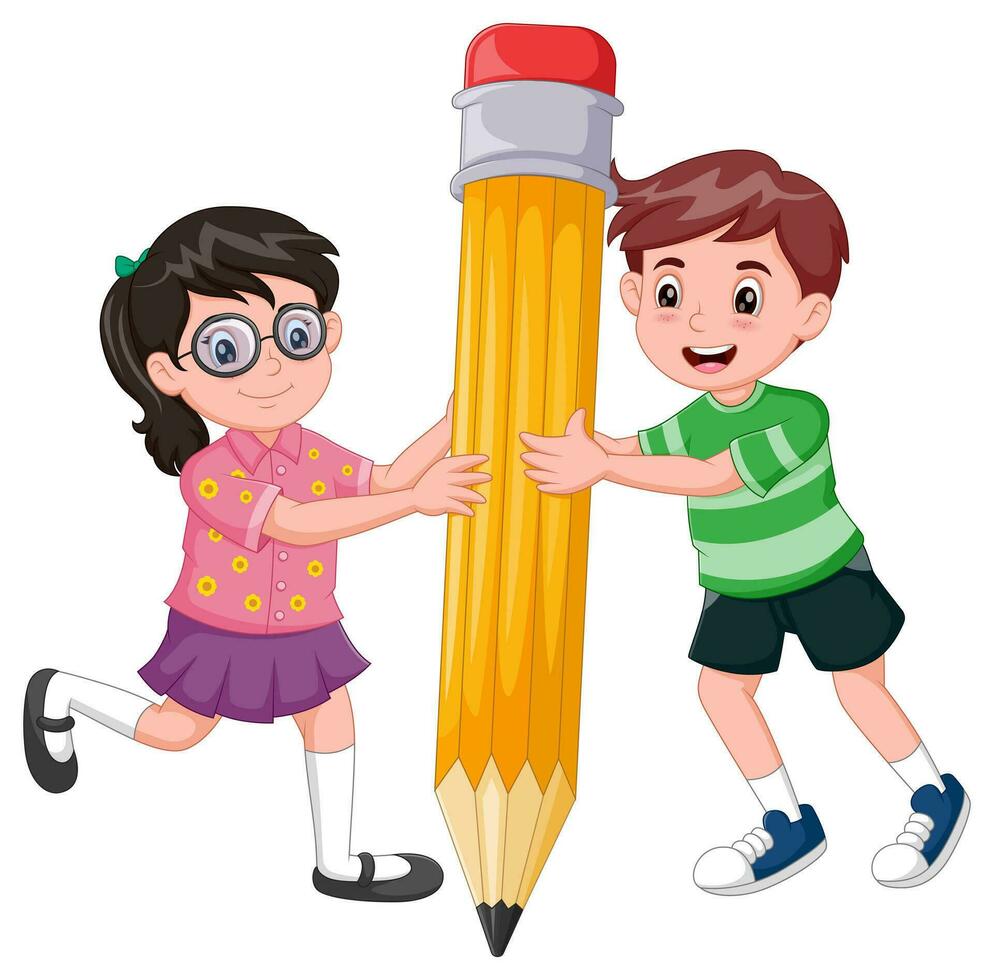 Cute childrens cartoon holding a big pencil. Vector illustration