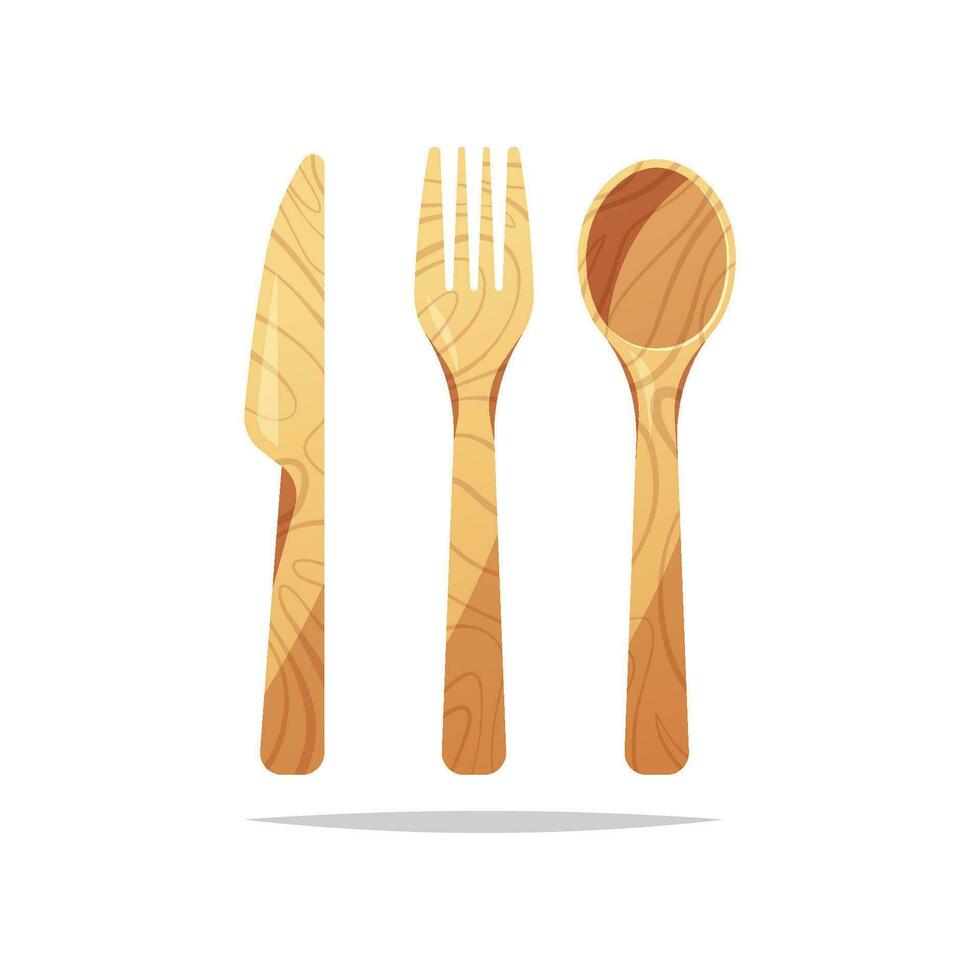 Spoons, forks and knives are made of wood. vector image isolated on white background