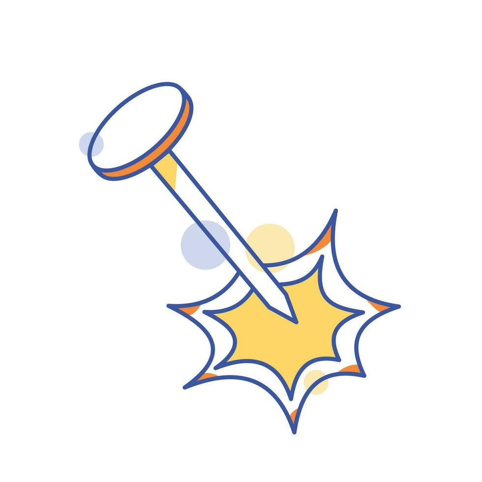 Blue outlined nail stab with yellow and orange accent colors . Playful art styled vector icon isolated on square white background. Simple flat minimalist cartoon art styled drawing.