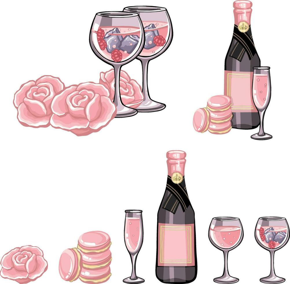 conjunto de festivo rosado champán con lentes y rosas ilustración vector