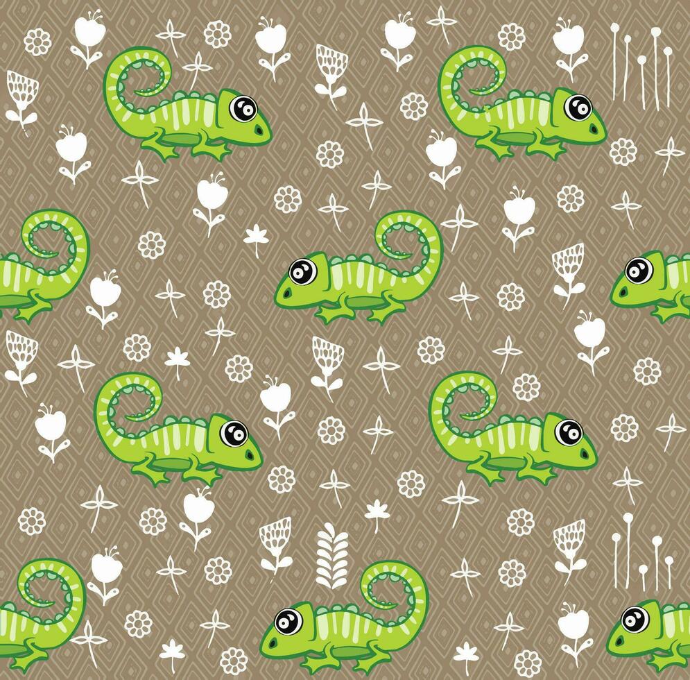 Funny green iguana Seamless pattern with cute animal. Can be used for fabrics, wallpapers. Vector