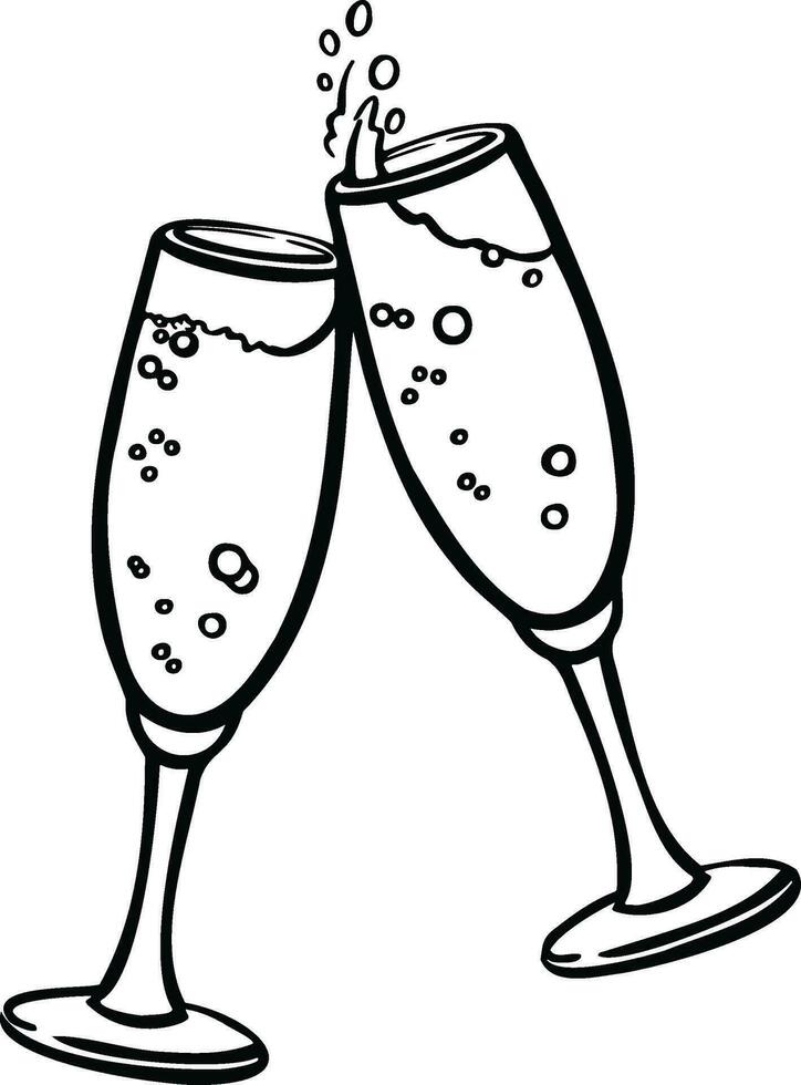 glasses with sparkling wine, champagne line illustration vector