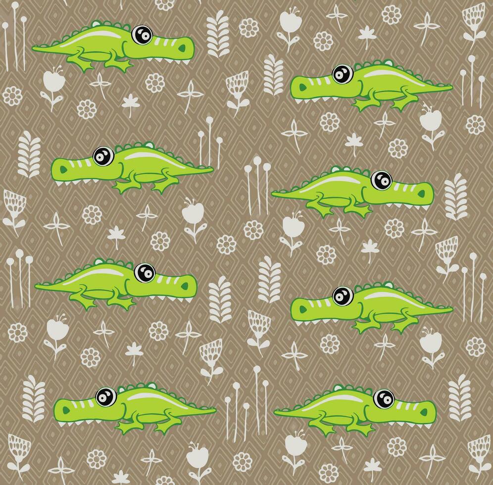 Crocodile pattern design with several alligators - funny hand drawn doodle, seamless pattern. Lettering poster or t-shirt textile graphic design. wallpaper, wrapping paper, background. vector