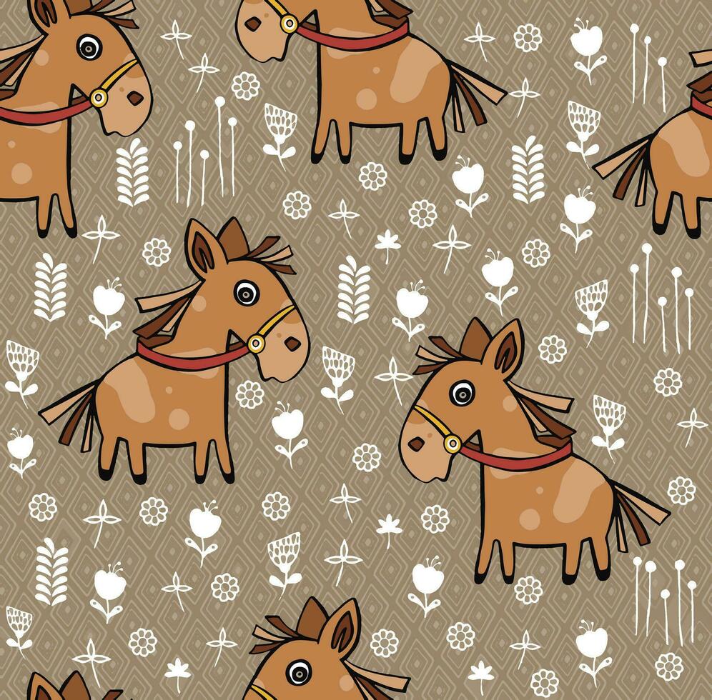 Seamless childish pattern with cute horses and hand drawn textures. Creative blackand white kids texture for fabric, wrapping, textile, wallpaper, apparel. vector