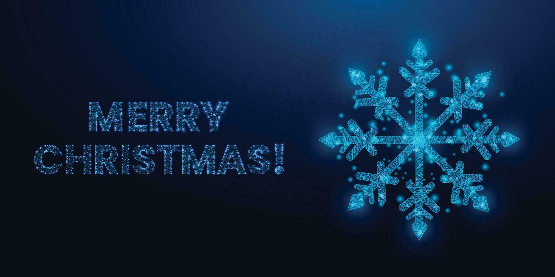 Snowflake, wireframe low poly style design. Merry Christmas and New Year concept. Wireframe glowing low poly design on a blue background. Abstract futuristic vector illustration