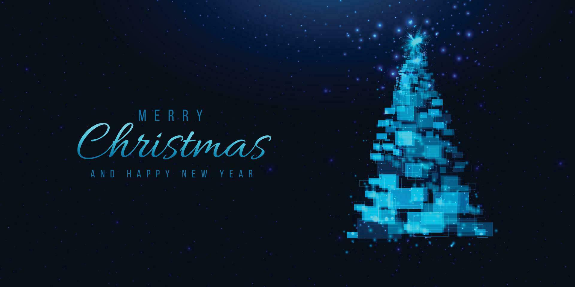 Christmas tree made of geometric shapes, lights and sparkles. Cyber Christmas or Happy New Year concept. Vector tech background.