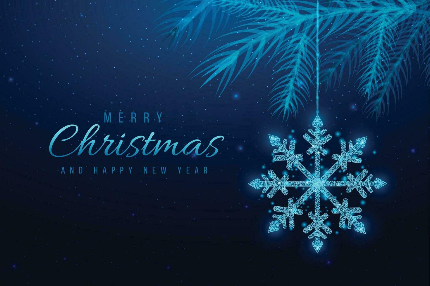 Wireframe snowflake and Christmas tree branches, low poly style. New Year banner. Abstract modern vector illustration on blue background.