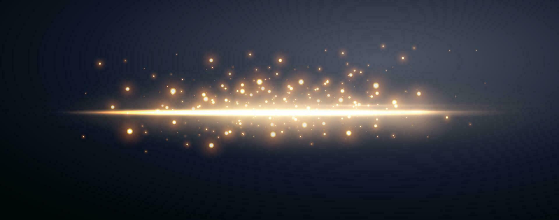 Gold horizontal lensflare. Light flash with rays or gold spotlight and bokeh. Yellow glow flare light effect. Vector illustration. Isolated on dark transparent background.