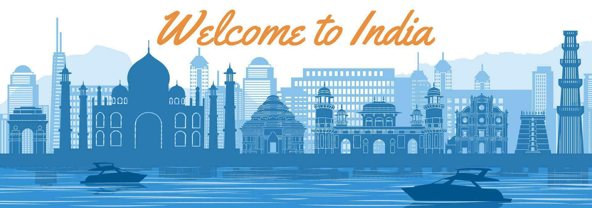India famous landmark silhouette style behind river and boat and in front of towers vector