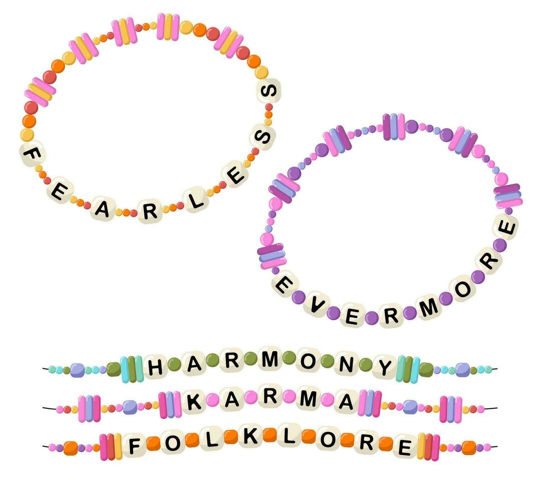 Bracelets from words fearless, evermore, harmony, karma, folklore vector