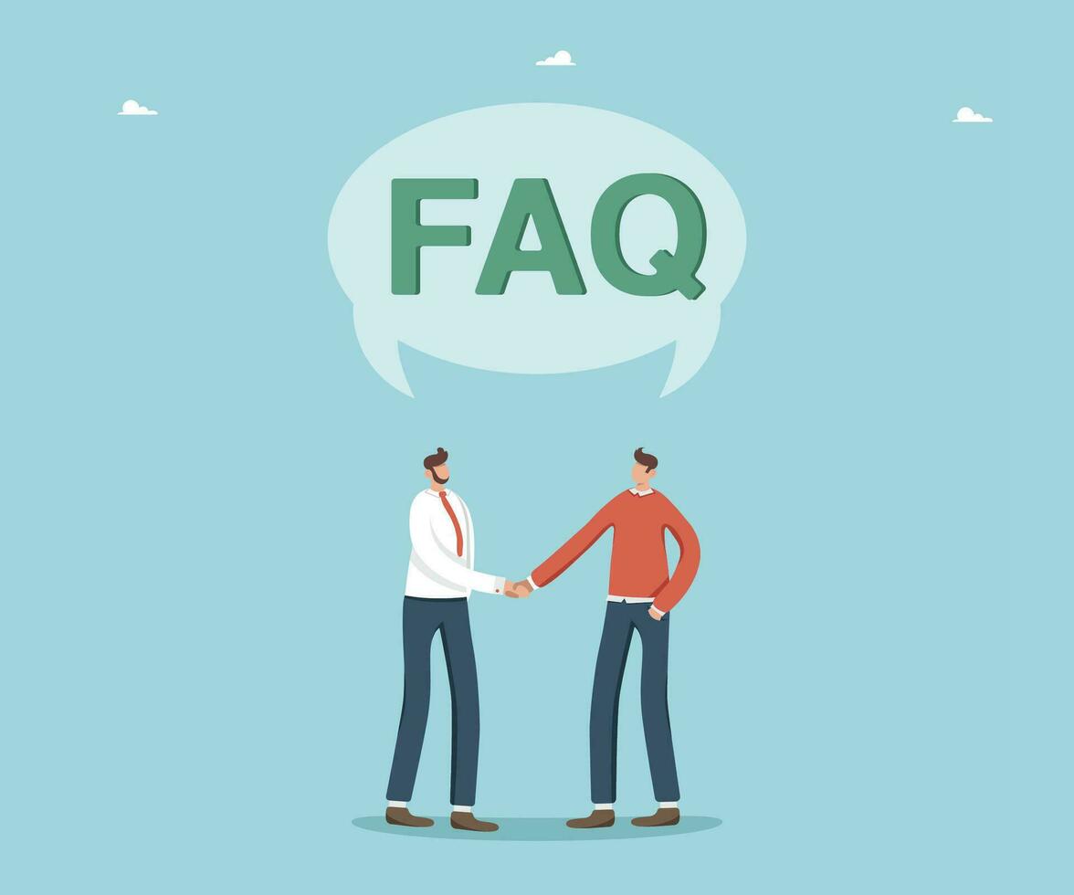 Men shaking hands under speech bubble with FAQ vector