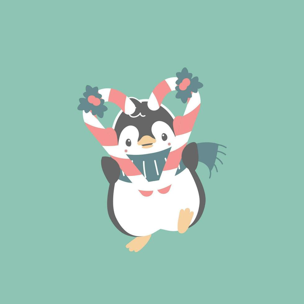 merry christmas and happy new year with cute penguin holding candy cane in the winter season green background, flat vector illustration cartoon character costume design