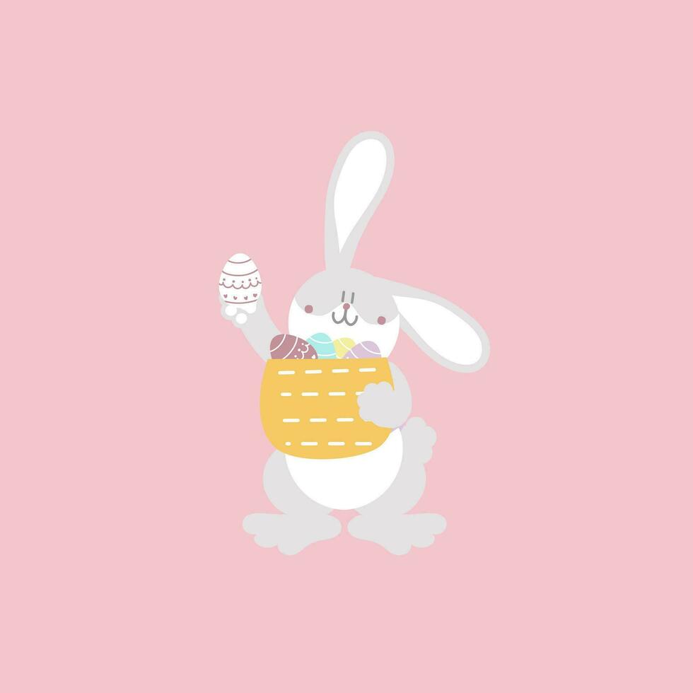 happy easter festival with animal pet bunny rabbit and basket of egg, pastel color, flat vector illustration cartoon character