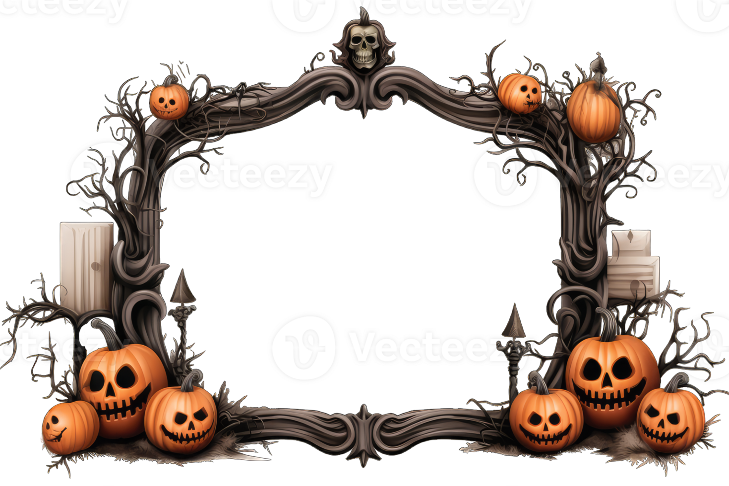 Halloween Backdrop, background, photo frame, pattern, pumpkin head jack lantern, Pumpkins In Graveyard In The Spooky Night, transparent background, AI Generated png