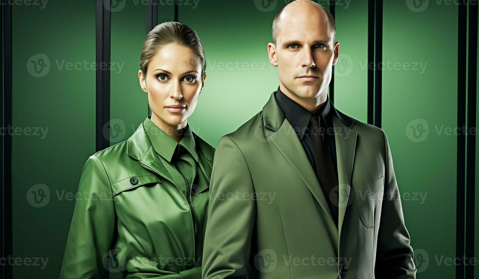 Portrait of a work team in green uniforms. AI Generative photo