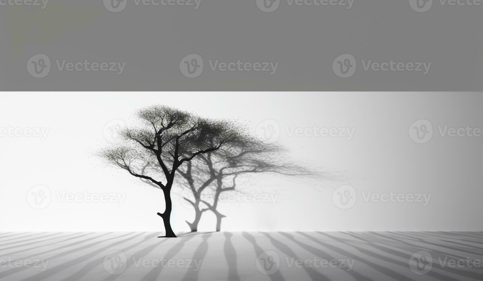 Black and white abstract background with an isolated tree and its shadow. AI Generative photo