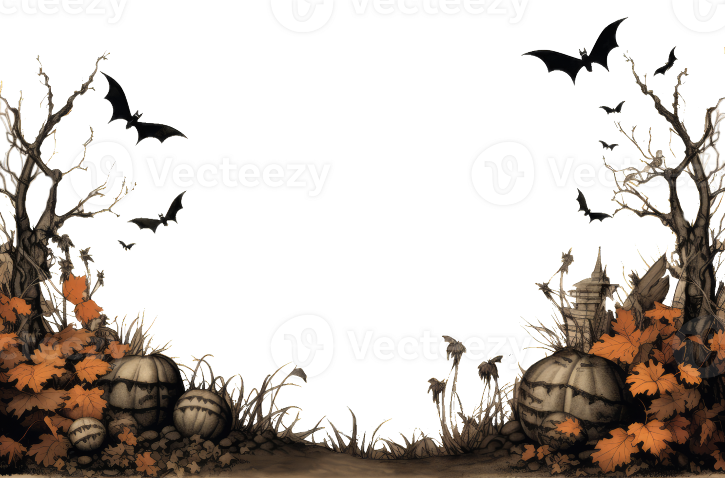 Halloween Backdrop, background, photo frame, pattern, pumpkin head jack lantern, Pumpkins In Graveyard In The Spooky Night, transparent background, AI Generated png