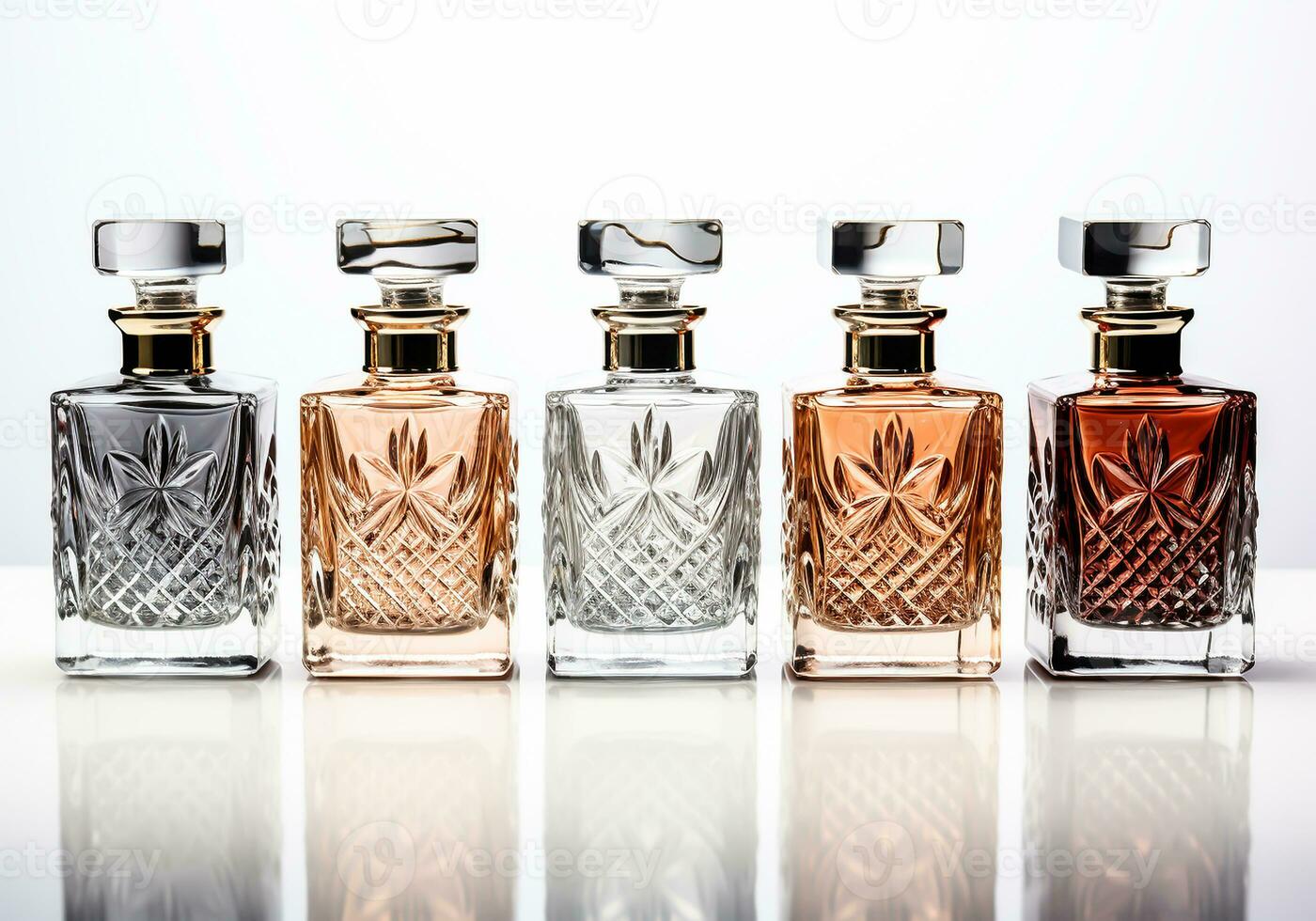 Elegant perfume bottles, with different fragrances, on a white background. AI Generative photo