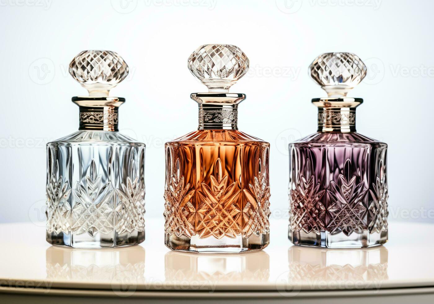 Elegant perfume bottles, with different fragrances, on a white background. AI Generative photo