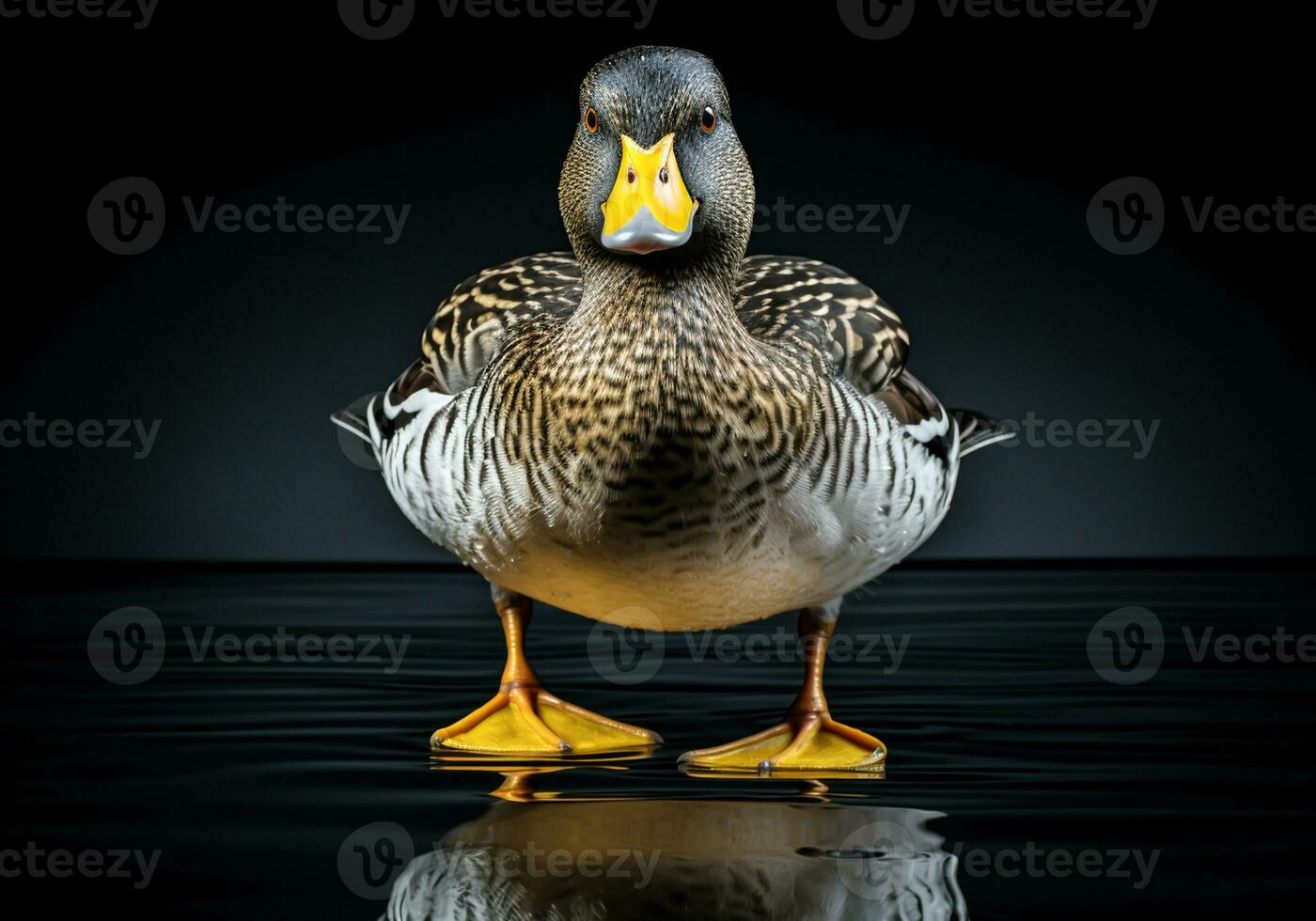 Realistic portrait of a duck isolated on dark background. AI generated photo