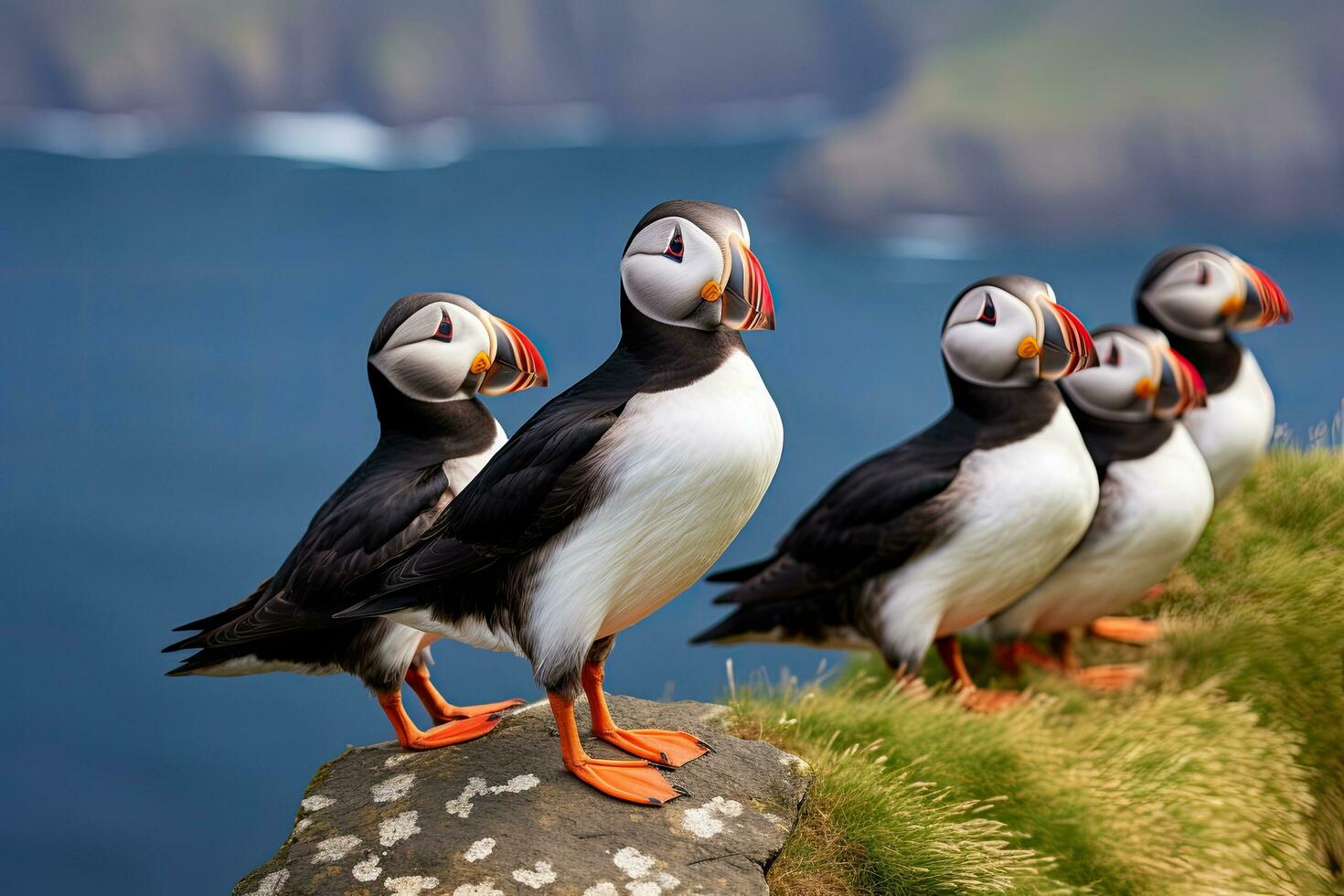 Puffins on the cliffs of the Faroe Islands in Denmark, Atlantic Puffin or Common Puffin, Fratercula arctica, Norway, AI Generated photo