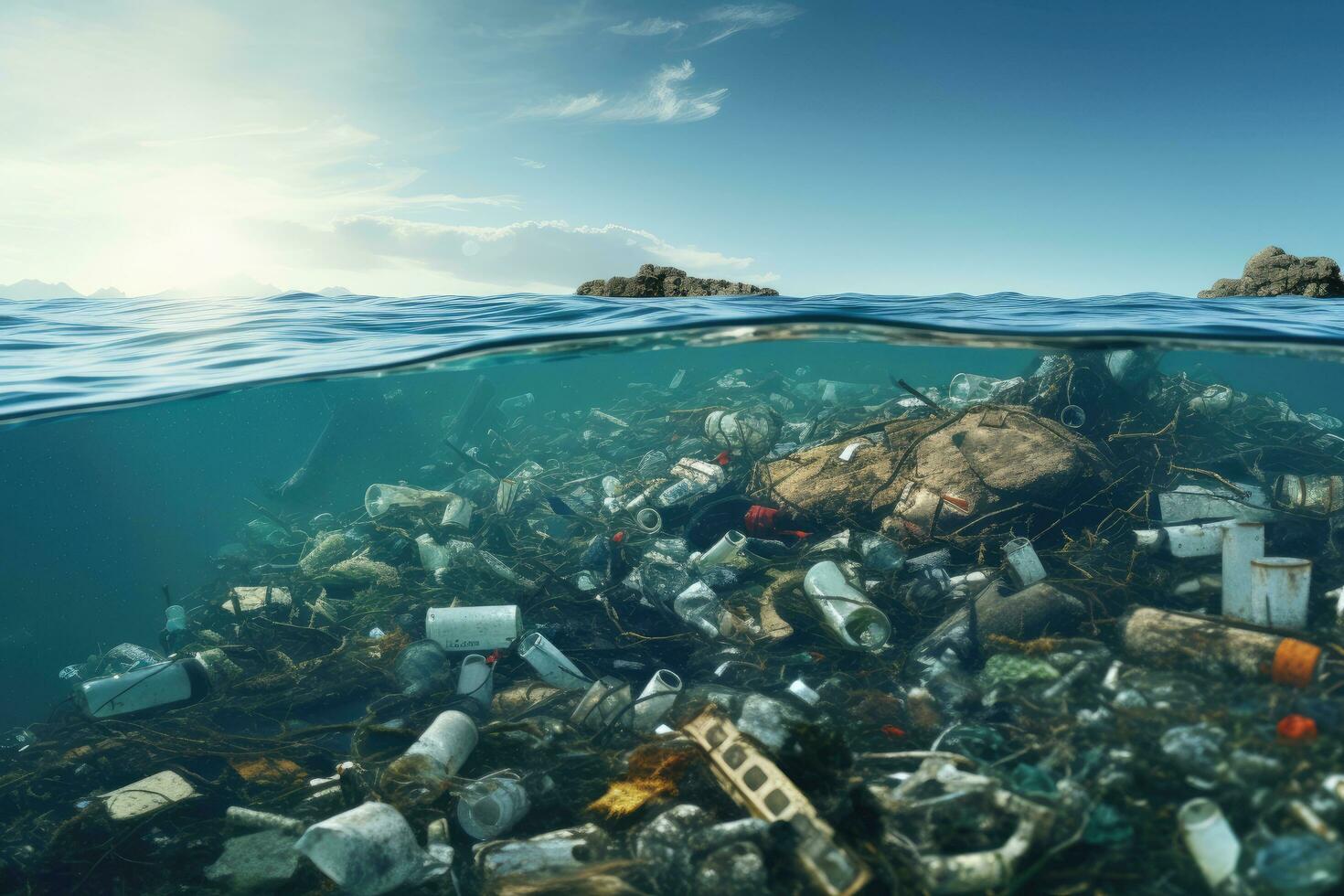 Plastic trash in the ocean. Environmental pollution concept. 3D Rendering, Plastic pollution in the sea. Global warming concept. 3d rendering, AI Generated photo