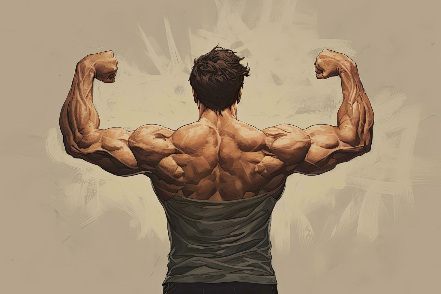 Muscular man flexing his muscles in front of a grunge background, Rear view of a muscular young man with arms stretched out, detailed muscles, AI Generated photo